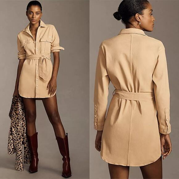 NEW Mother Cadet Breast Pockets Button Denim Mini Shirt Dress Brown Size: Medium - Picture 1 of 8